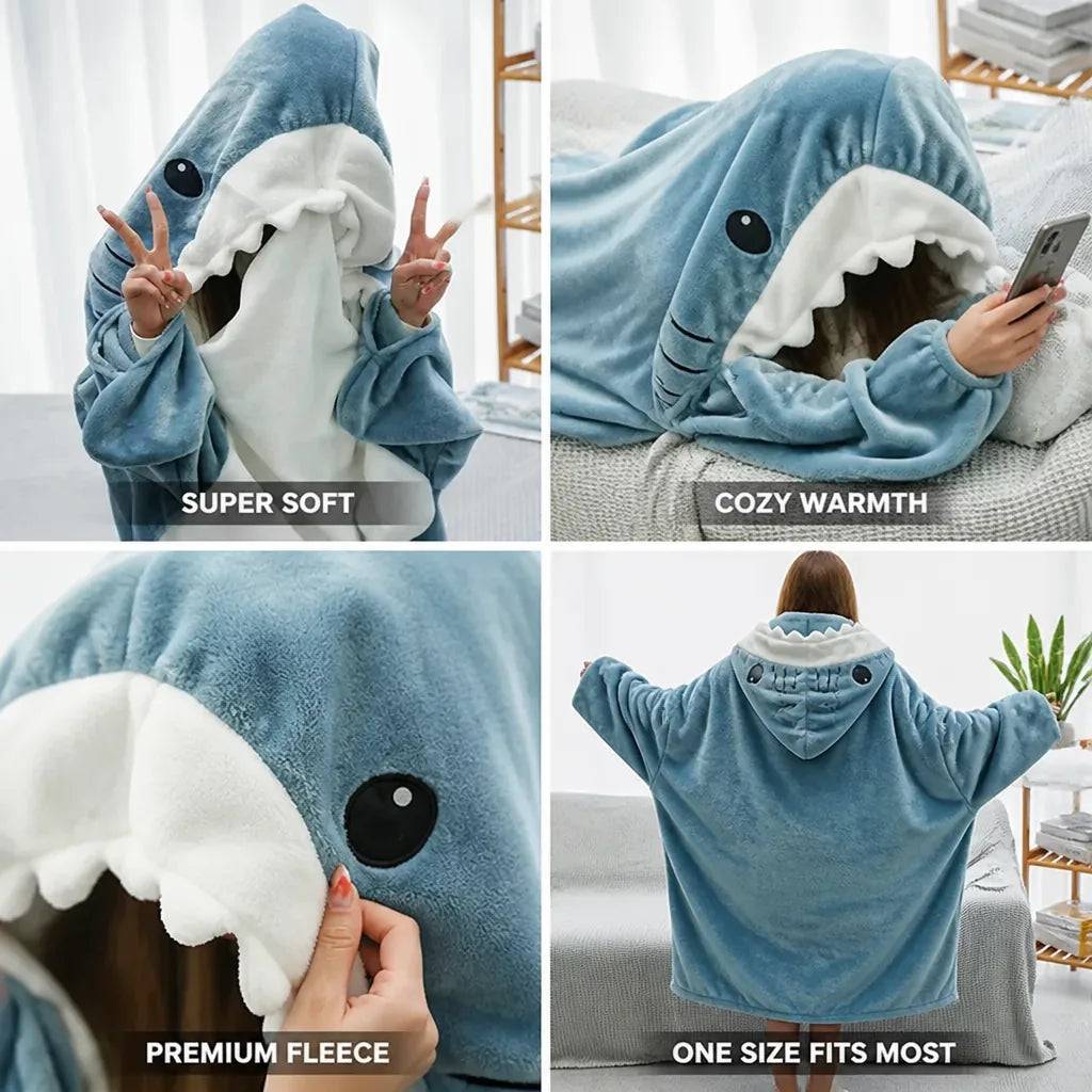 Shark Mouth Hooded Wearable Blanket in Ultra-Soft Fleece, Sizes S to 2XL | Shark Hood Fleece Wearable Blanket | Wearable Blankets