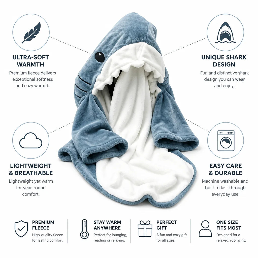 Shark Mouth Hooded Wearable Blanket in Ultra-Soft Fleece, Sizes S to 2XL | Shark Hood Fleece Wearable Blanket | Wearable Blankets