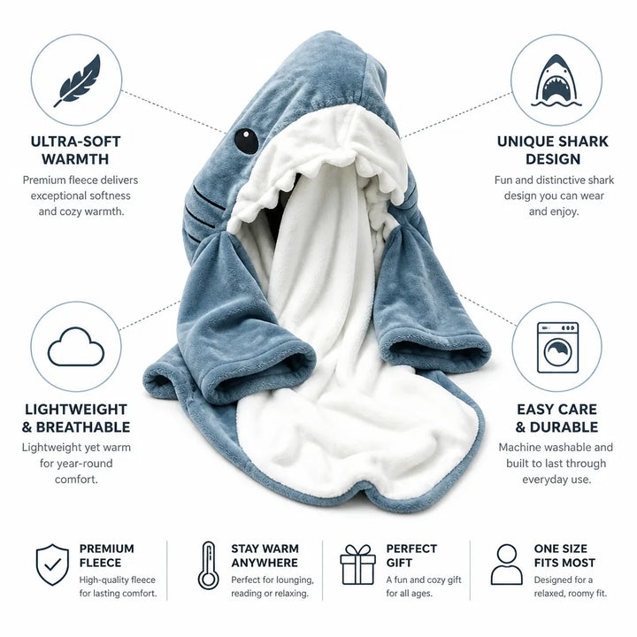 Shark Mouth Hooded Wearable Blanket in Ultra-Soft Fleece, Sizes S to 2XL | Shark Hood Fleece Wearable Blanket | Wearable Blankets