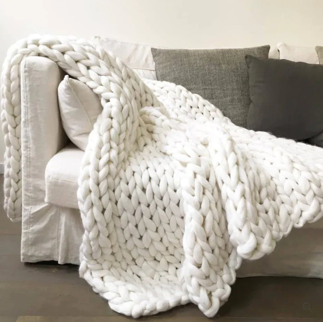 Hand-Knitted Throw Blanket in Natural Fibers for Year-Round Use | Textured Knit for All Seasons | Throw Blankets