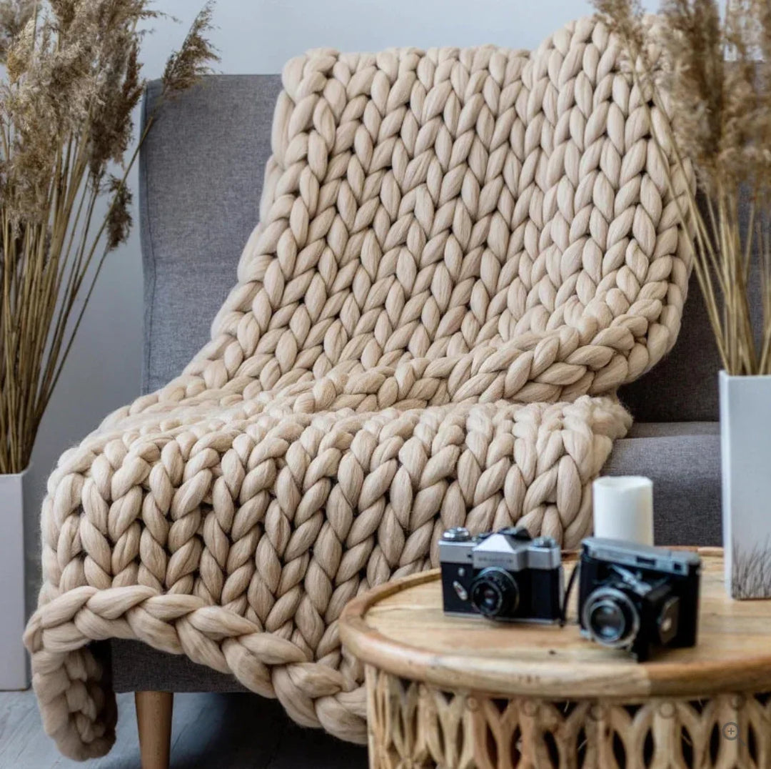 Hand-Knitted Throw Blanket in Natural Fibers for Year-Round Use | Textured Knit for All Seasons | Throw Blankets