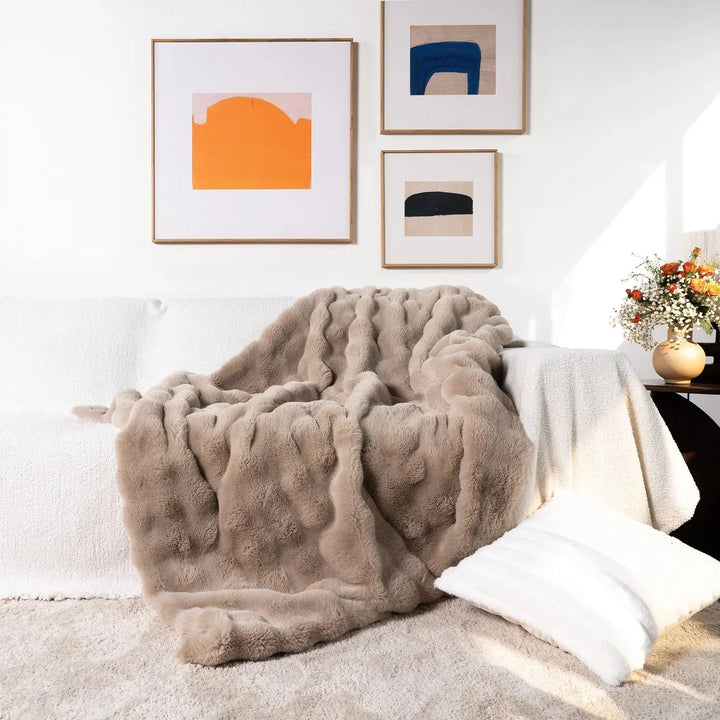 Faux Fur Sofa Throw Blanket with Long Pile and Knit Non-Slip Backing | Luxe Faux Fur That Stays Put | Throw Blankets