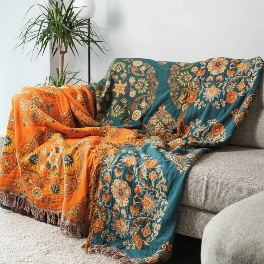 Reversible Floral Cotton Gauze Throw Blanket, Lightweight and Breathable | Breathable Gauze Warmth | Throw Blankets