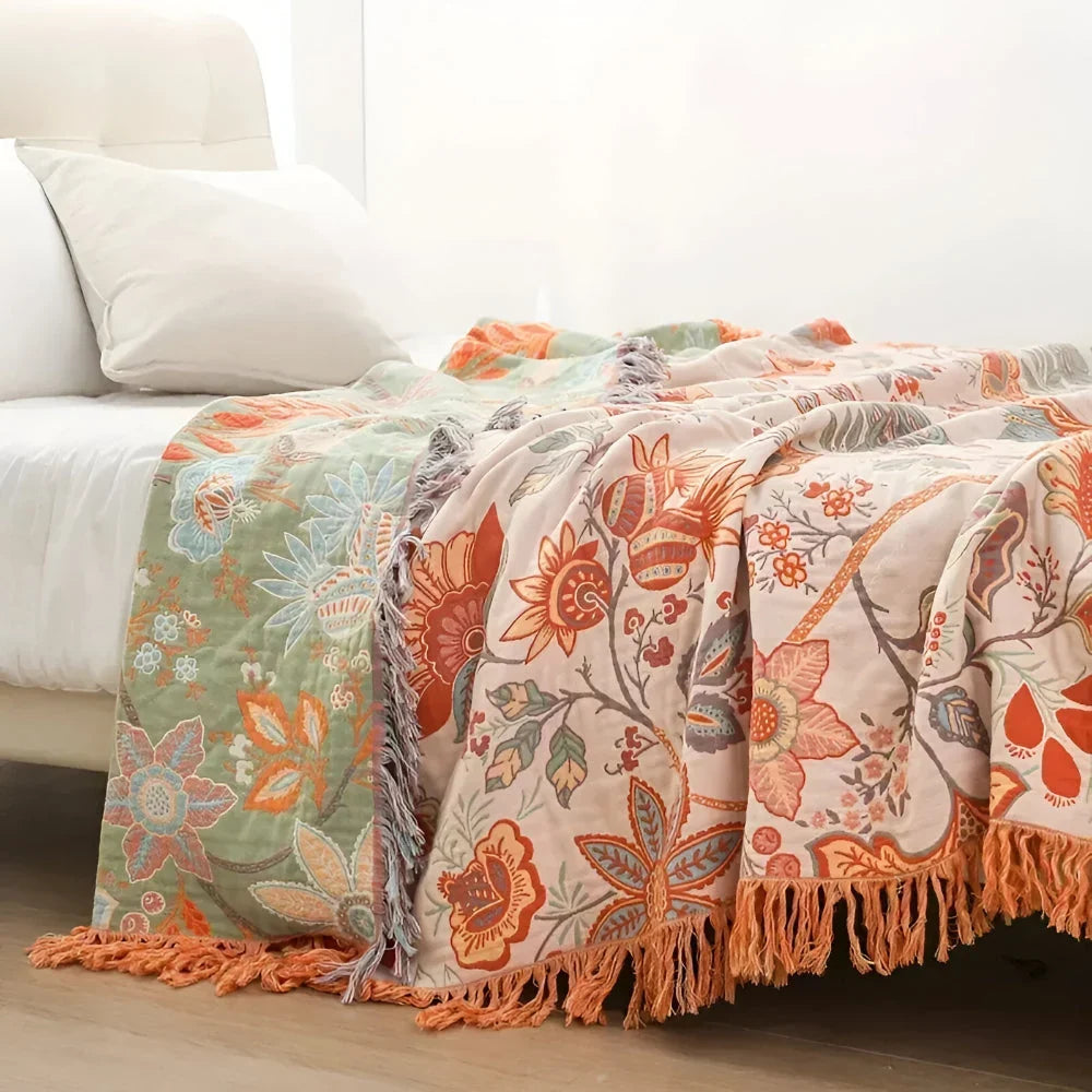 Hand-Knotted Fringe Throw Blanket with Muted Floral Boho Pattern | Boho Fringe Throw With Soft Drape | Throw Blankets
