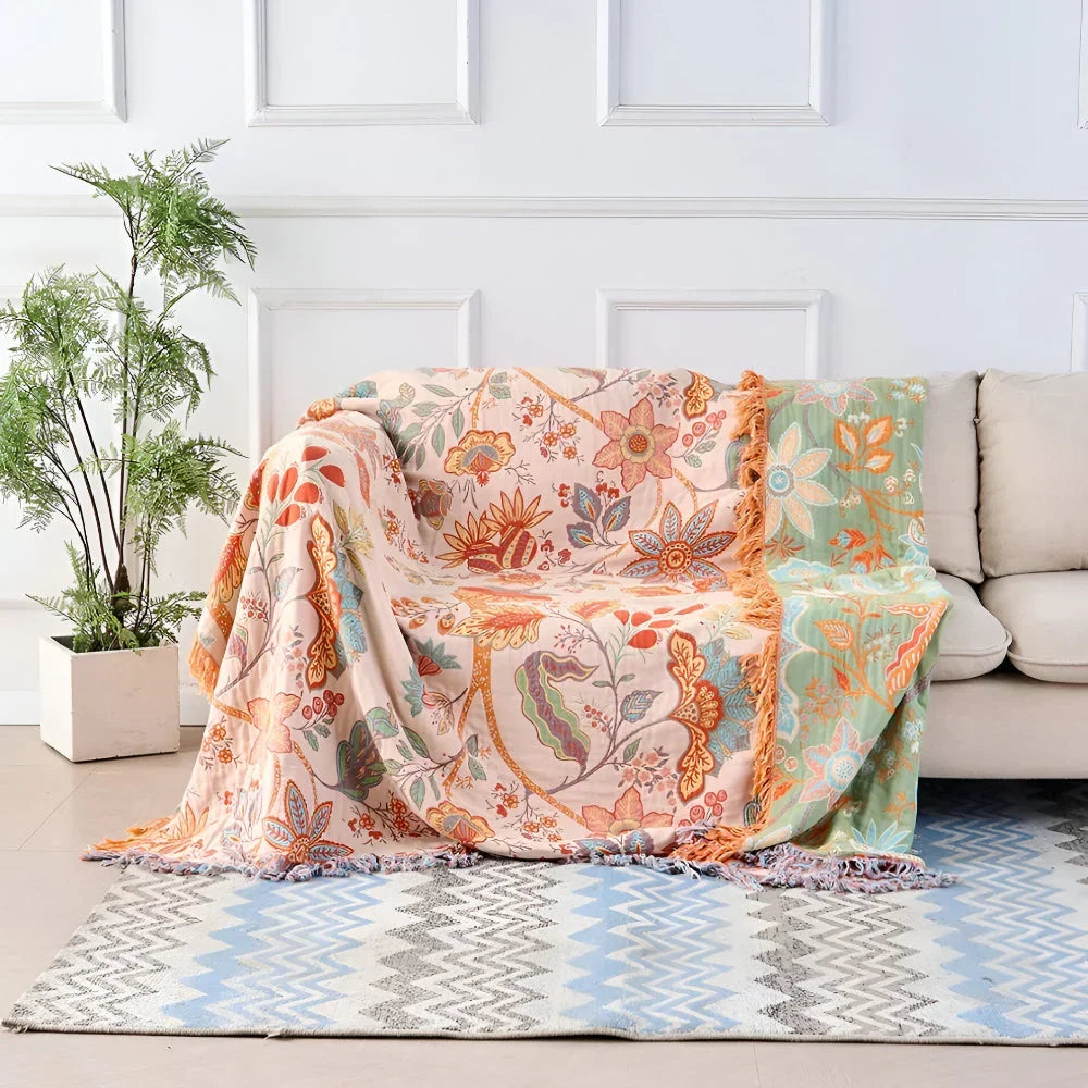 Hand-Knotted Fringe Throw Blanket with Muted Floral Boho Pattern | Boho Fringe Throw With Soft Drape | Throw Blankets