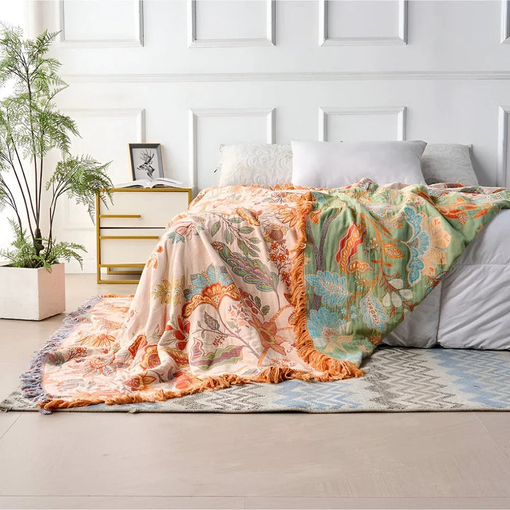 Hand-Knotted Fringe Throw Blanket with Muted Floral Boho Pattern | Boho Fringe Throw With Soft Drape | Throw Blankets
