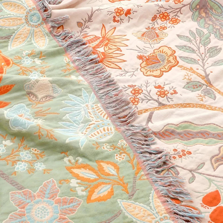 Hand-Knotted Fringe Throw Blanket with Muted Floral Boho Pattern | Boho Fringe Throw With Soft Drape | Throw Blankets
