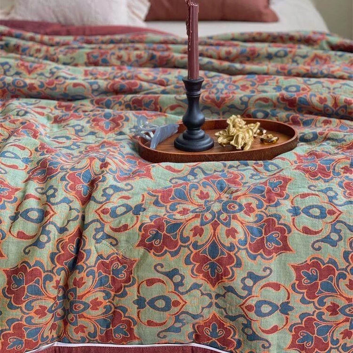 Lightweight Quilted Cotton-Linen Throw Blanket with Retro Floral Jacquard | Retro Floral Quilted Summer Throw | Throw Blankets