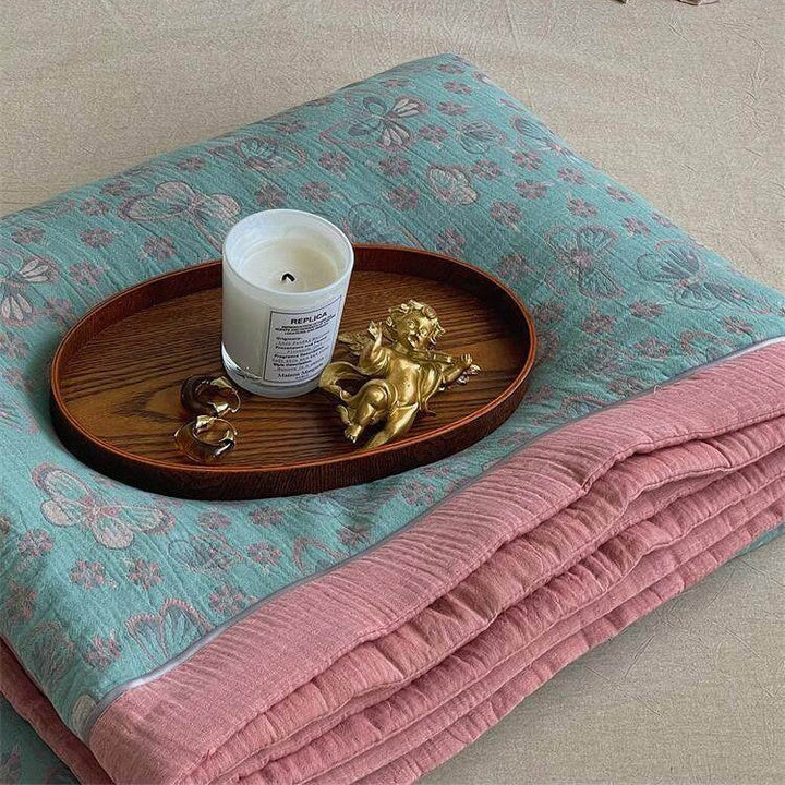 Lightweight Quilted Cotton-Linen Throw Blanket with Retro Floral Jacquard | Retro Floral Quilted Summer Throw | Throw Blankets