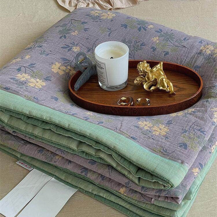 Lightweight Quilted Cotton-Linen Throw Blanket with Retro Floral Jacquard | Retro Floral Quilted Summer Throw | Throw Blankets