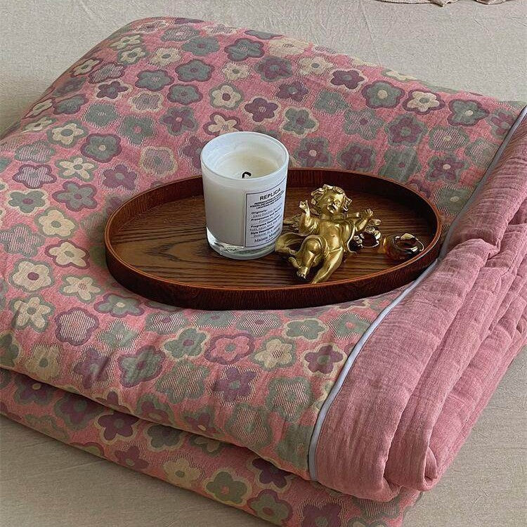 Lightweight Quilted Cotton-Linen Throw Blanket with Retro Floral Jacquard | Retro Floral Quilted Summer Throw | Throw Blankets