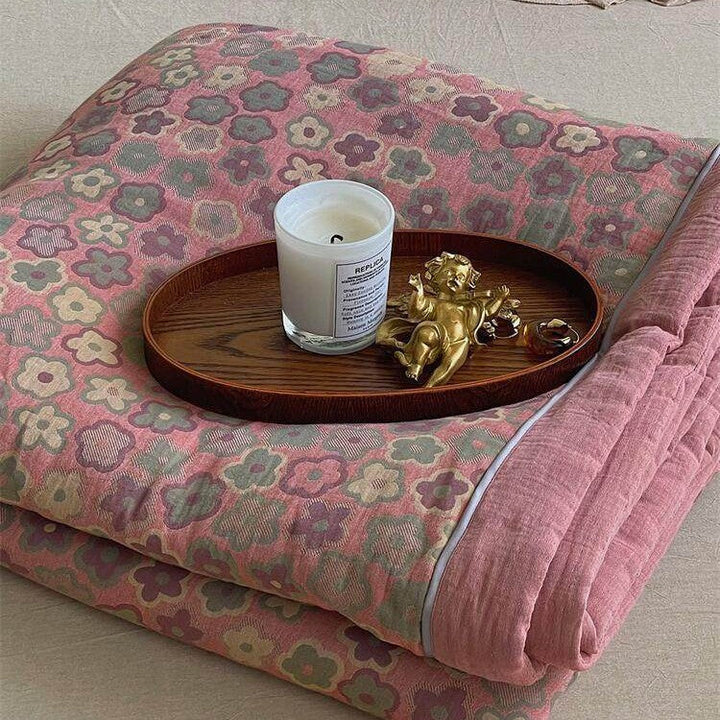 Lightweight Quilted Cotton-Linen Throw Blanket with Retro Floral Jacquard | Retro Floral Quilted Summer Throw | Throw Blankets