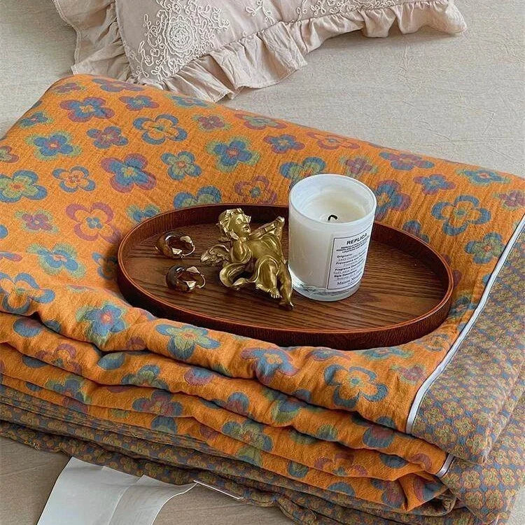 Lightweight Quilted Cotton-Linen Throw Blanket with Retro Floral Jacquard | Retro Floral Quilted Summer Throw | Throw Blankets