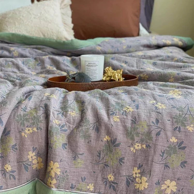 Lightweight Quilted Cotton-Linen Throw Blanket with Retro Floral Jacquard | Retro Floral Quilted Summer Throw | Throw Blankets