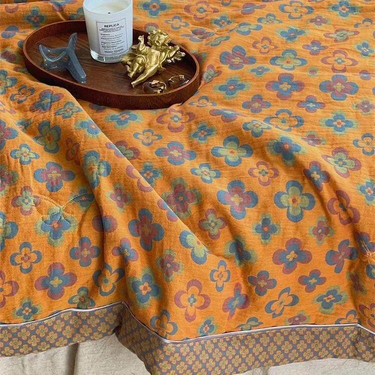 Lightweight Quilted Cotton-Linen Throw Blanket with Retro Floral Jacquard | Retro Floral Quilted Summer Throw | Throw Blankets