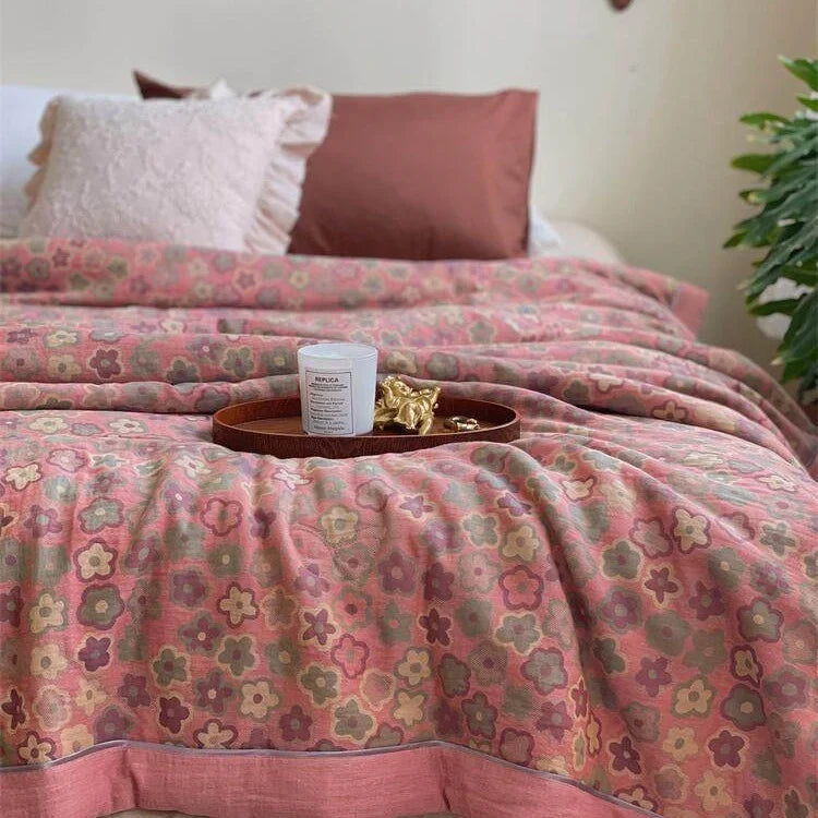 Lightweight Quilted Cotton-Linen Throw Blanket with Retro Floral Jacquard | Retro Floral Quilted Summer Throw | Throw Blankets