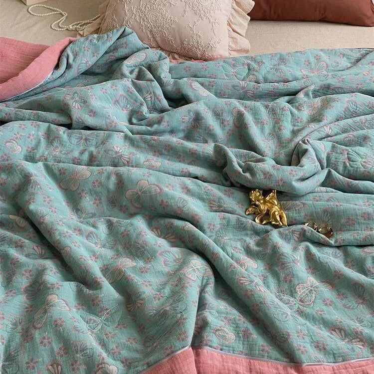 Lightweight Quilted Cotton-Linen Throw Blanket with Retro Floral Jacquard | Retro Floral Quilted Summer Throw | Throw Blankets