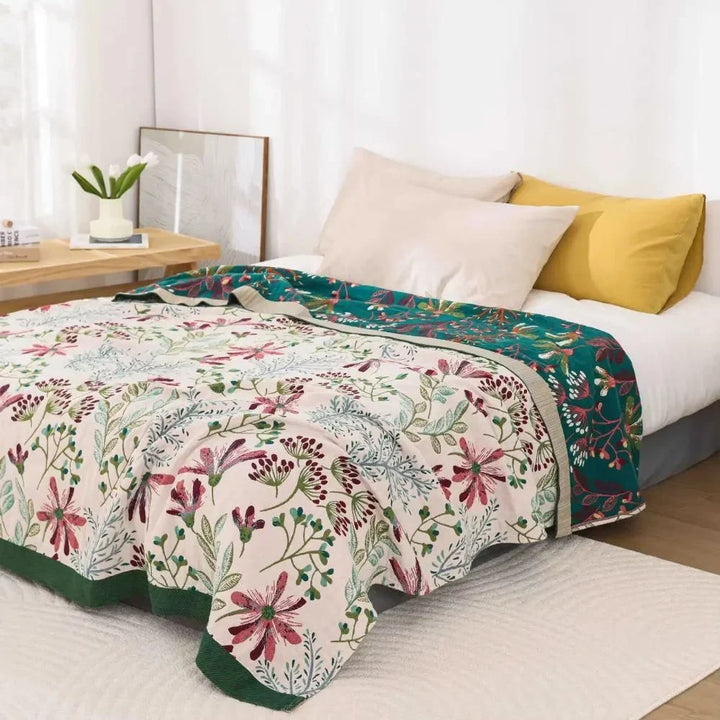 Raised Floral Embroidery-Effect Throw Blanket in Plush Cotton Blend | Raised Floral Texture for Bedrooms | Throw Blankets