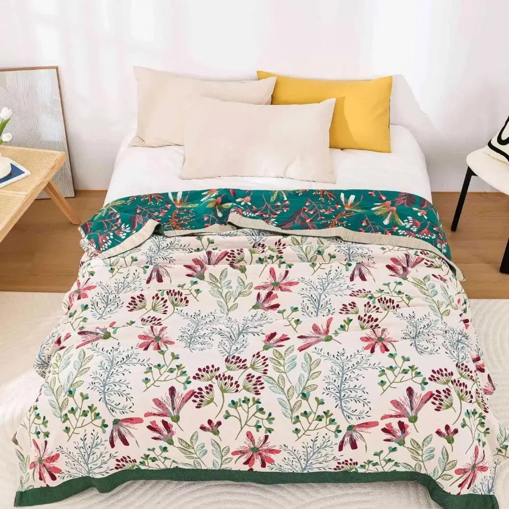 Raised Floral Embroidery-Effect Throw Blanket in Plush Cotton Blend | Raised Floral Texture for Bedrooms | Throw Blankets