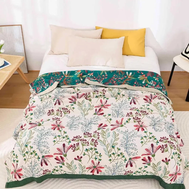 Raised Floral Embroidery-Effect Throw Blanket in Plush Cotton Blend | Raised Floral Texture for Bedrooms | Throw Blankets