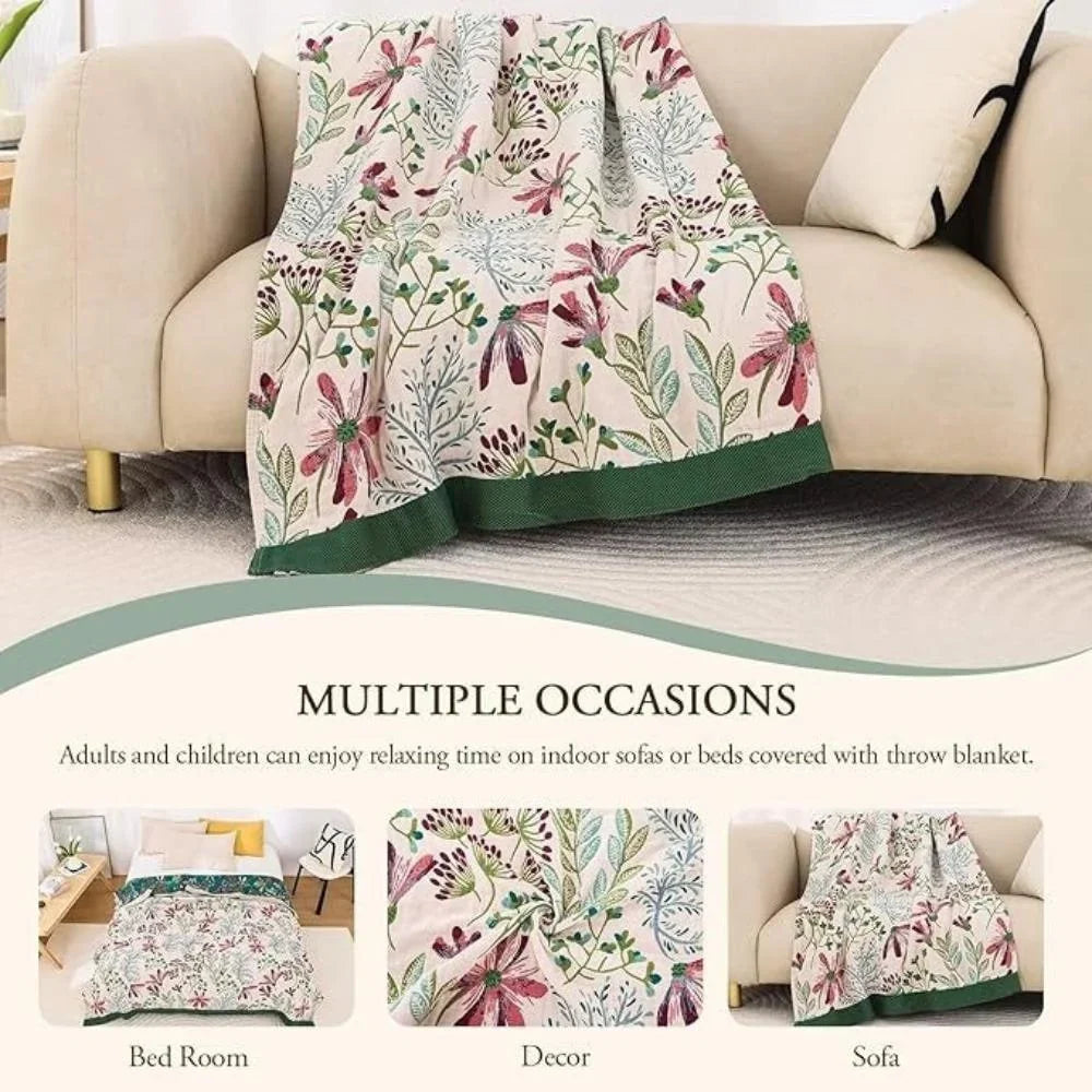 Raised Floral Embroidery-Effect Throw Blanket in Plush Cotton Blend | Raised Floral Texture for Bedrooms | Throw Blankets