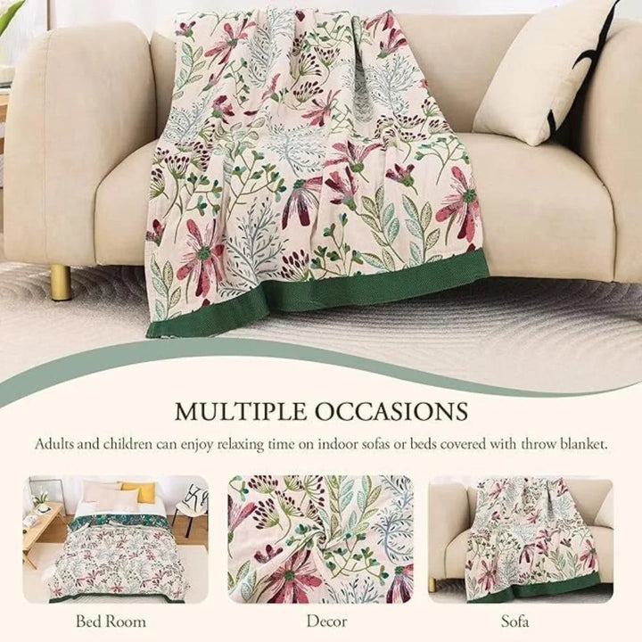 Raised Floral Embroidery-Effect Throw Blanket in Plush Cotton Blend | Raised Floral Texture for Bedrooms | Throw Blankets