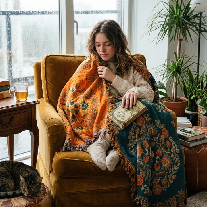 Reversible Long-Staple Cotton Throw Blanket with Hand-Knotted Fringe | Breathable Cotton for All Seasons | Throw Blankets