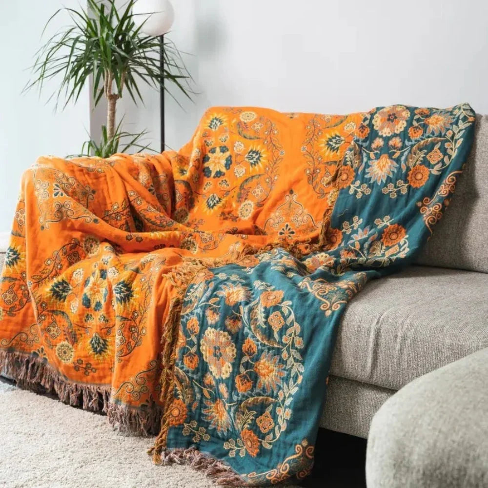 Reversible Long-Staple Cotton Throw Blanket with Hand-Knotted Fringe | Breathable Cotton for All Seasons | Throw Blankets