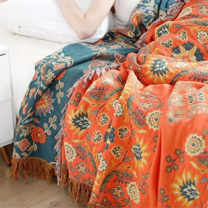 Reversible Long-Staple Cotton Throw Blanket with Hand-Knotted Fringe | Breathable Cotton for All Seasons | Throw Blankets