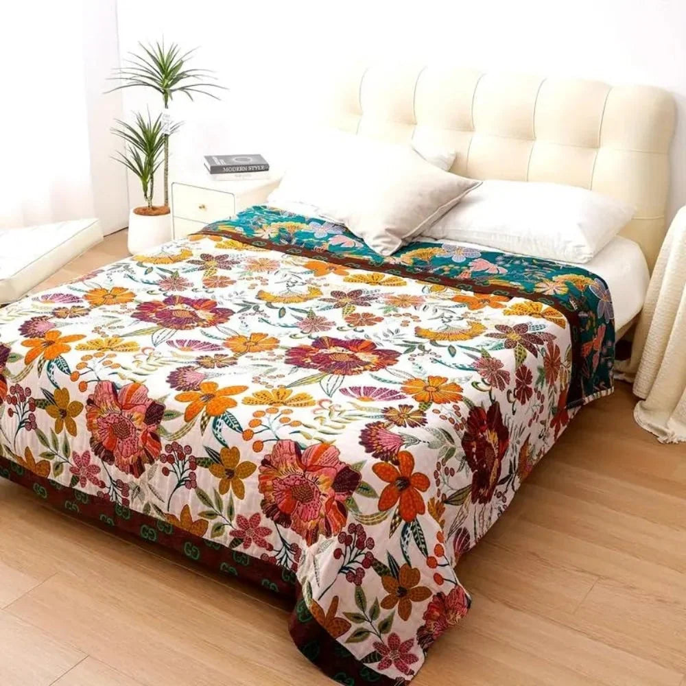 Reversible Woven Cotton Throw Blanket with Mid-Scale Botanical Print | Two Looks, One Cotton Throw | Throw Blankets
