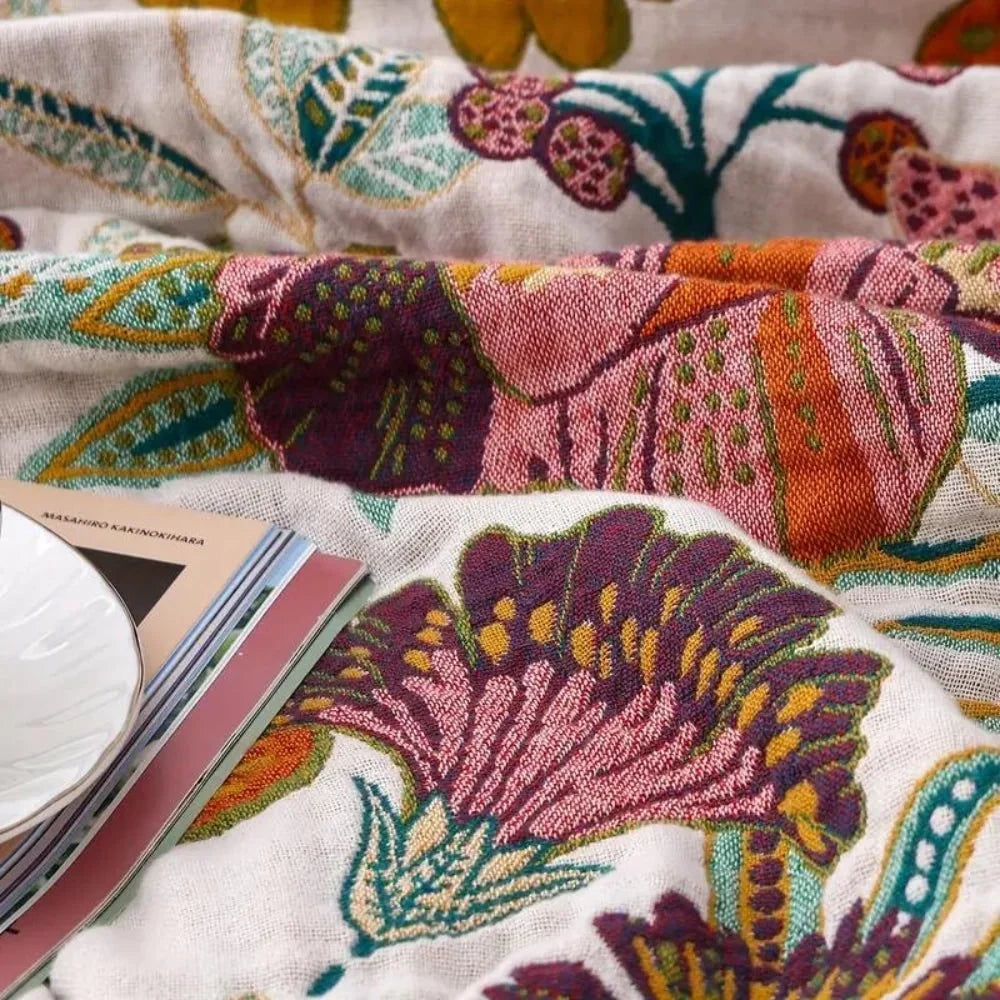 Reversible Woven Cotton Throw Blanket with Mid-Scale Botanical Print | Two Looks, One Cotton Throw | Throw Blankets
