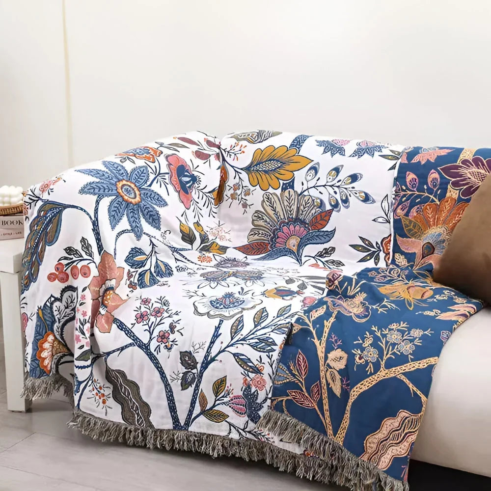 Reversible Woven Floral Throw Blanket with Corner Tassels, Machine Washable | Floral Throw with Corner Tassels | Throw Blankets