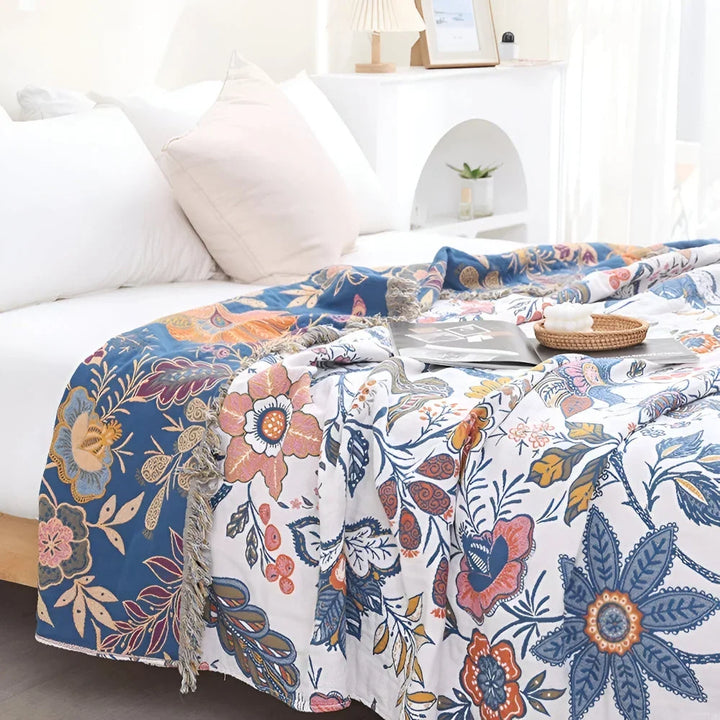 Reversible Woven Floral Throw Blanket with Corner Tassels, Machine Washable | Floral Throw with Corner Tassels | Throw Blankets