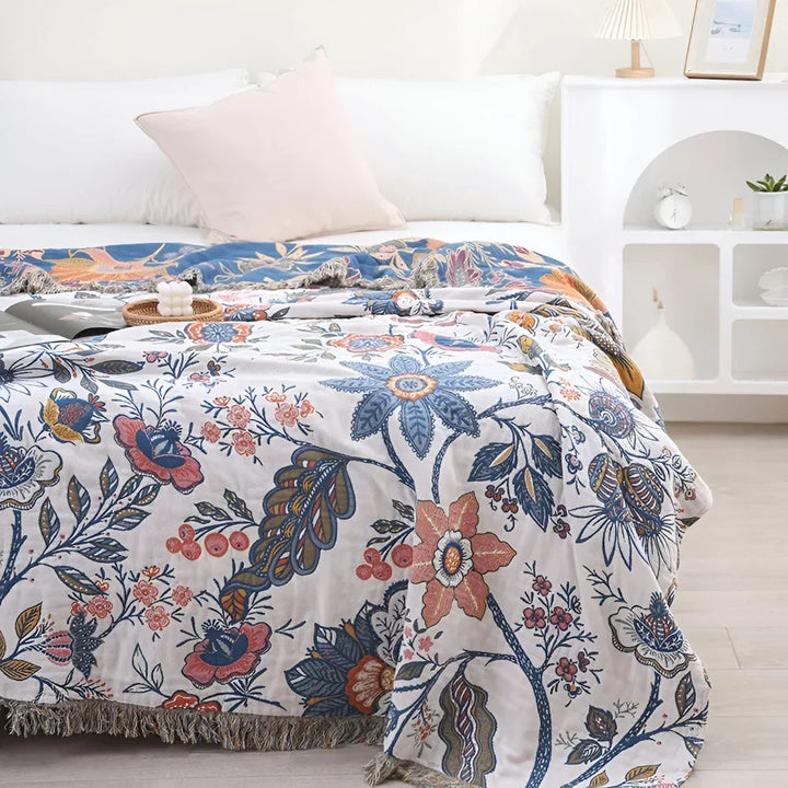 Reversible Woven Floral Throw Blanket with Corner Tassels, Machine Washable | Floral Throw with Corner Tassels | Throw Blankets