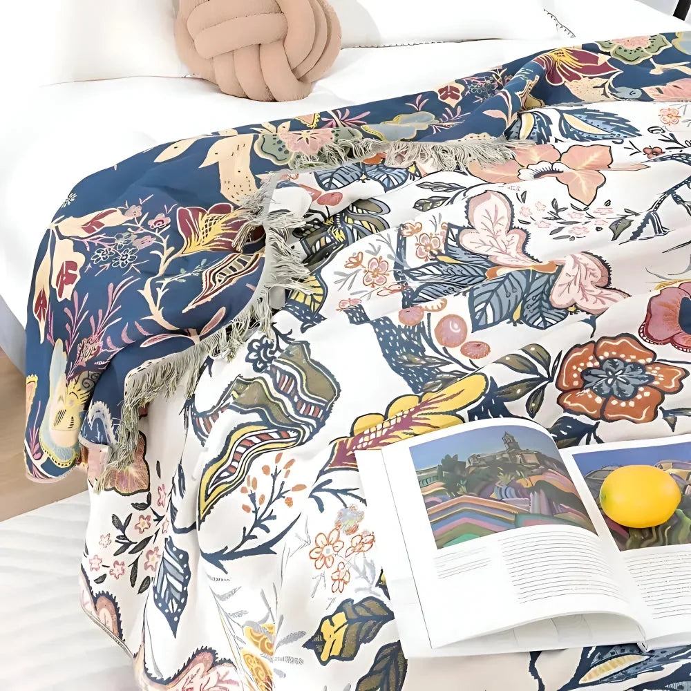 Reversible Woven Floral Throw Blanket with Corner Tassels, Machine Washable | Floral Throw with Corner Tassels | Throw Blankets