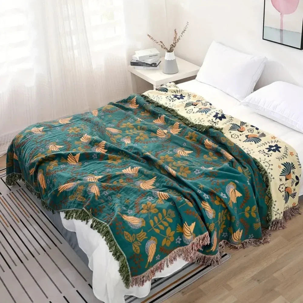 Reversible Woven Throw Blanket with Scandinavian Bird Motif in Two Colourways | Woven Nordic Bird Throw | Throw Blankets
