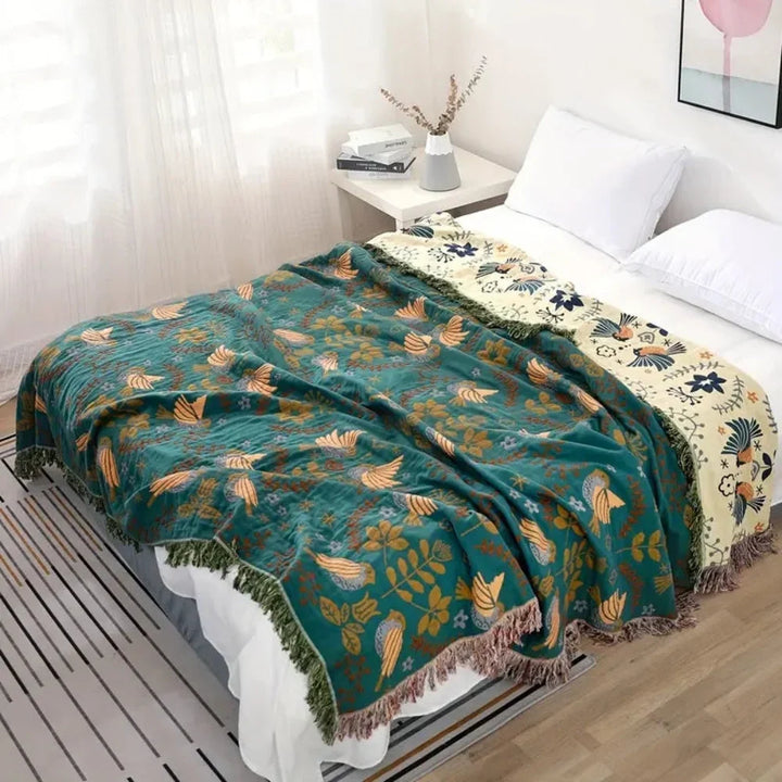 Reversible Woven Throw Blanket with Scandinavian Bird Motif in Two Colourways | Woven Nordic Bird Throw | Throw Blankets