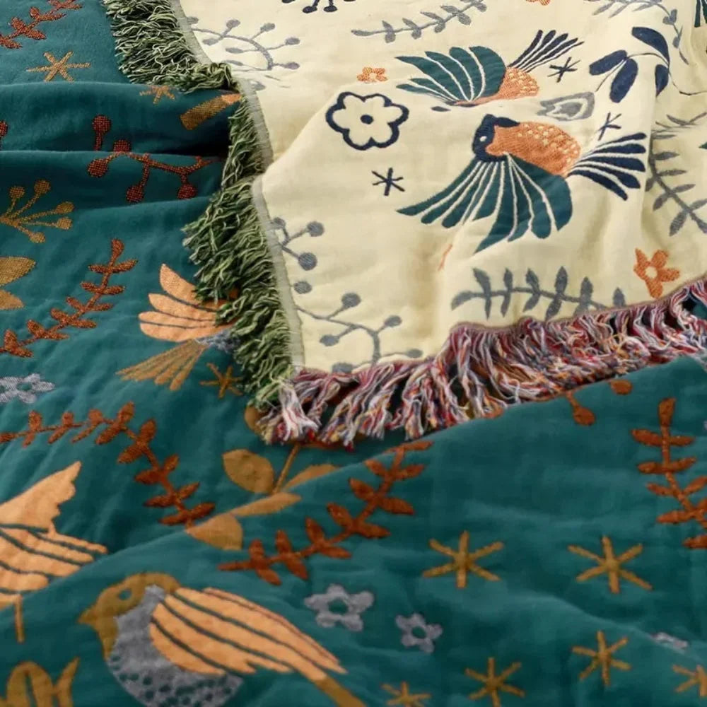 Reversible Woven Throw Blanket with Scandinavian Bird Motif in Two Colourways | Woven Nordic Bird Throw | Throw Blankets