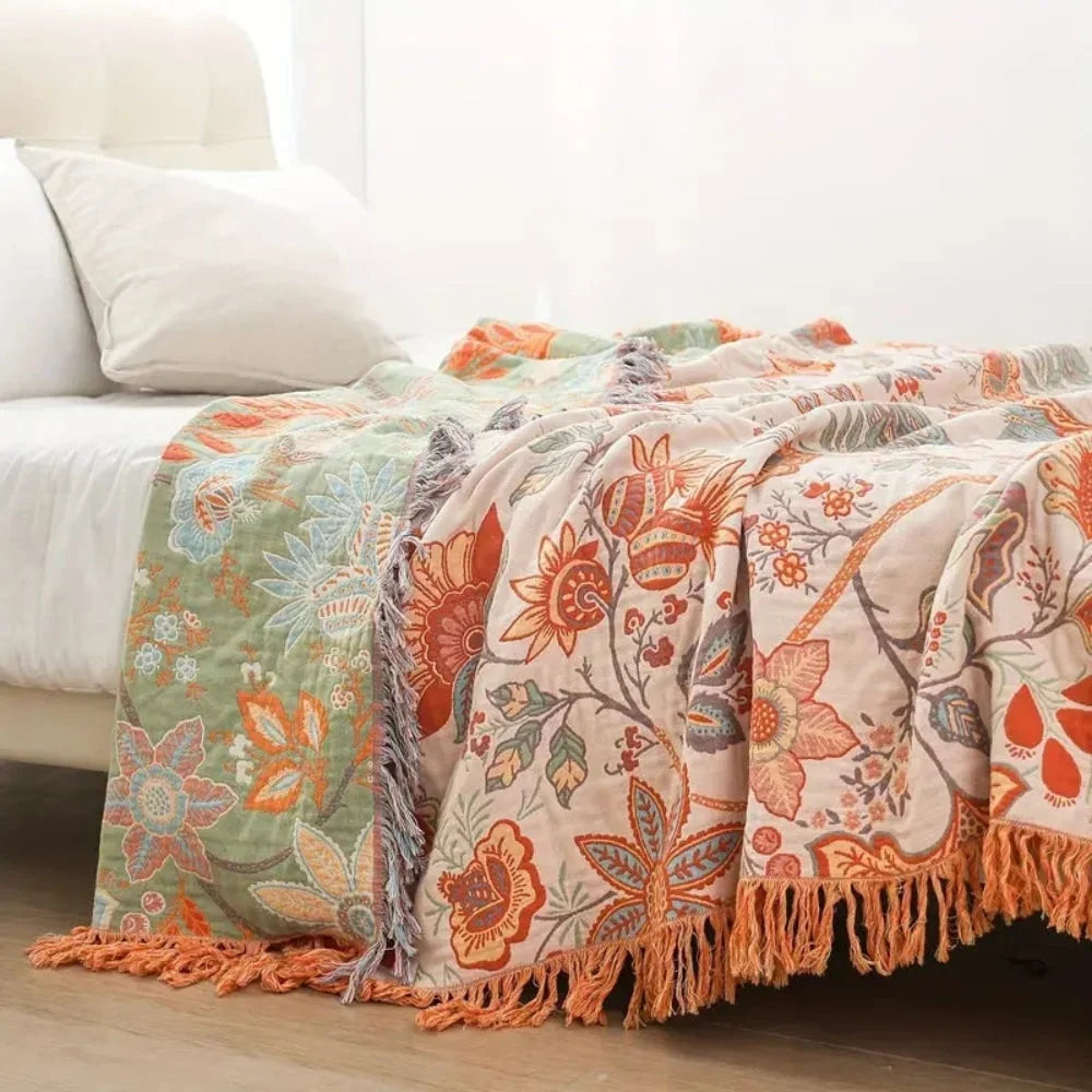 Woven Floral Throw Blanket with Fringe Knotted Into the Weave | Woven Floral Throw That Lasts | Throw Blankets