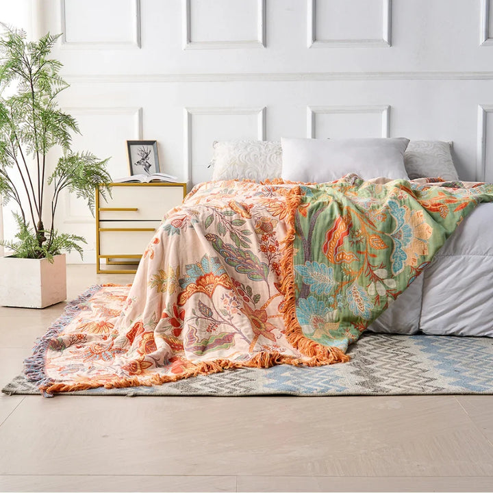 Woven Floral Throw Blanket with Fringe Knotted Into the Weave | Woven Floral Throw That Lasts | Throw Blankets