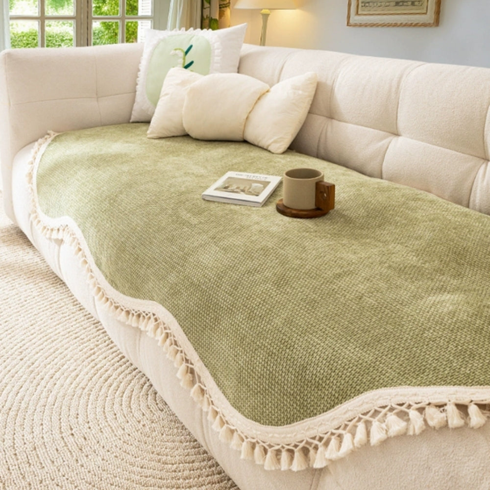 Reversible Woven Chenille Sofa Cover with Tassels, 35in Deep | Two-Sided Chenille for Your Sofa | Sofa Covers