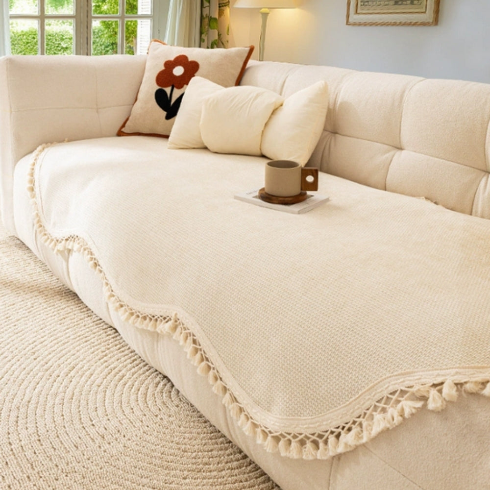 Reversible Woven Chenille Sofa Cover with Tassels, 35in Deep | Two-Sided Chenille for Your Sofa | Sofa Covers