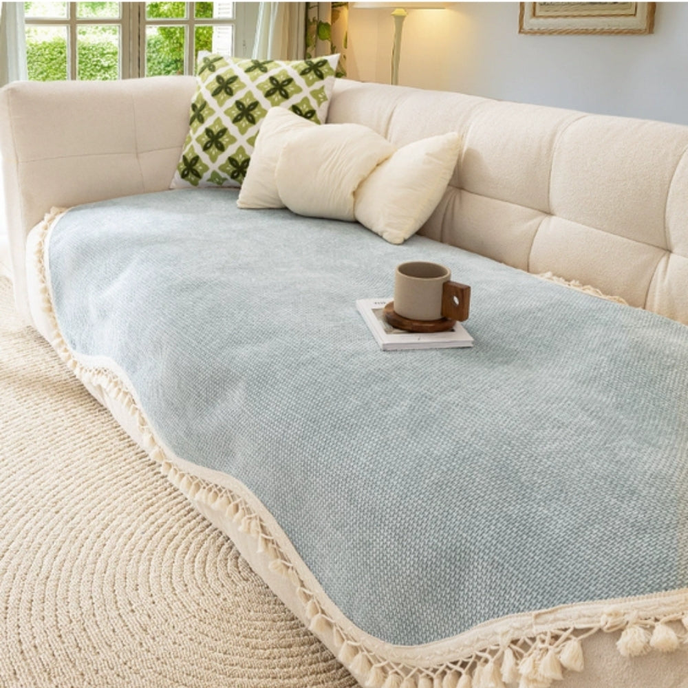 Reversible Woven Chenille Sofa Cover with Tassels, 35in Deep | Two-Sided Chenille for Your Sofa | Sofa Covers