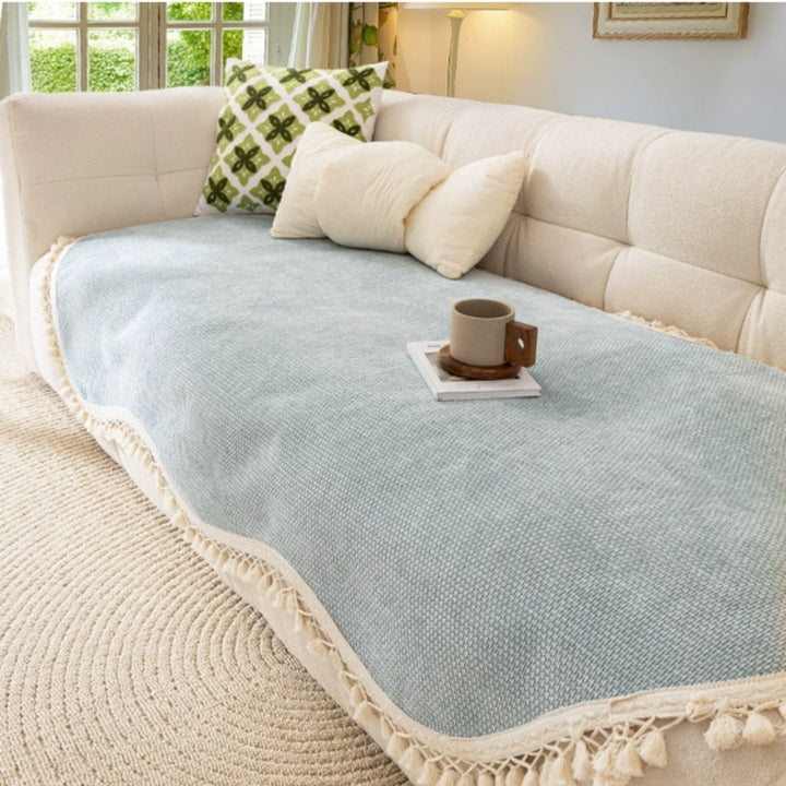 Reversible Woven Chenille Sofa Cover with Tassels, 35in Deep | Two-Sided Chenille for Your Sofa | Sofa Covers