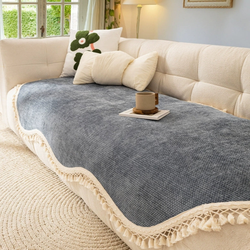 Reversible Woven Chenille Sofa Cover with Tassels, 35in Deep | Two-Sided Chenille for Your Sofa | Sofa Covers