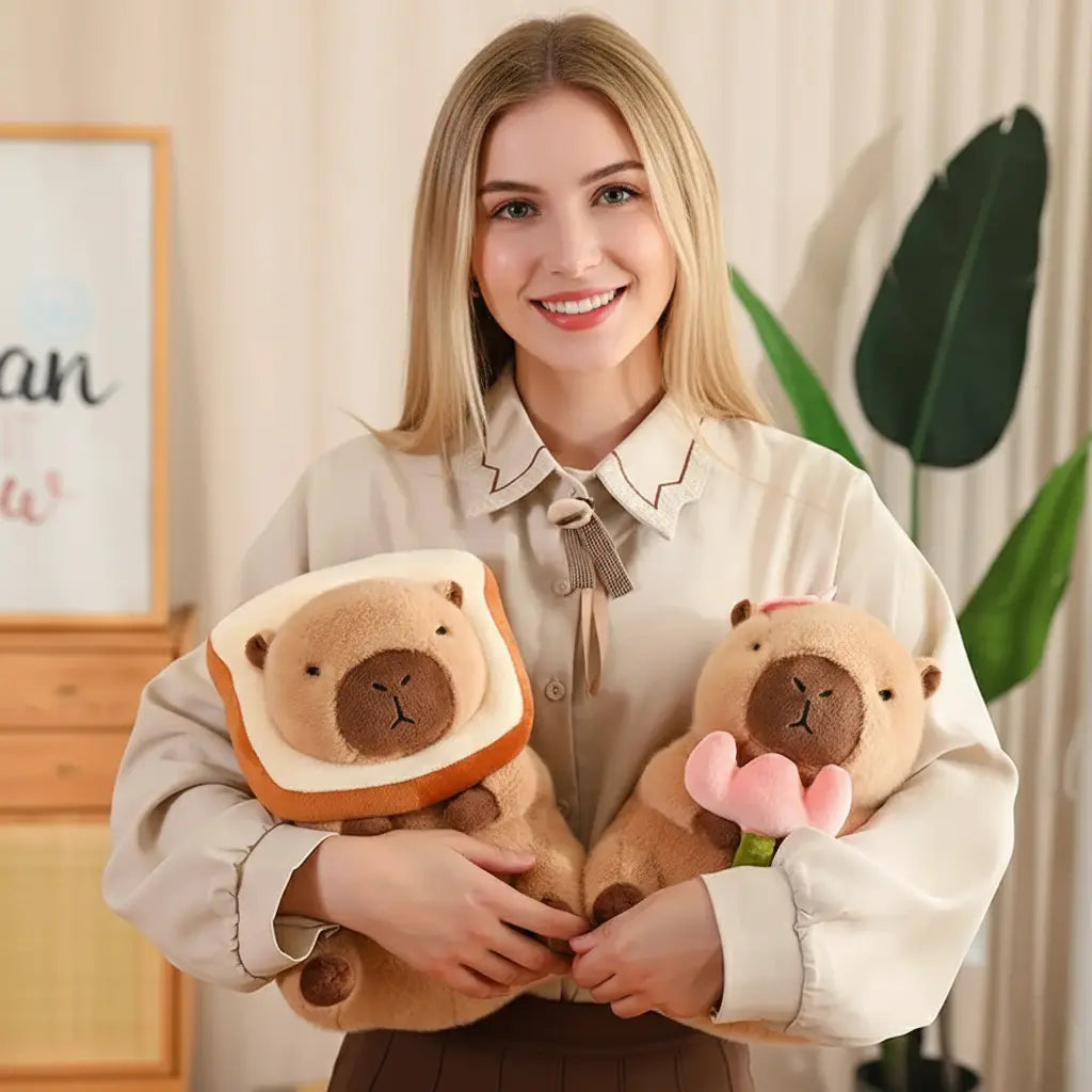 Cute Capybara Plush Pillow with Toast Accessory, 30cm or 50cm | Capybara Cushion with Accessories | Plush Pillows