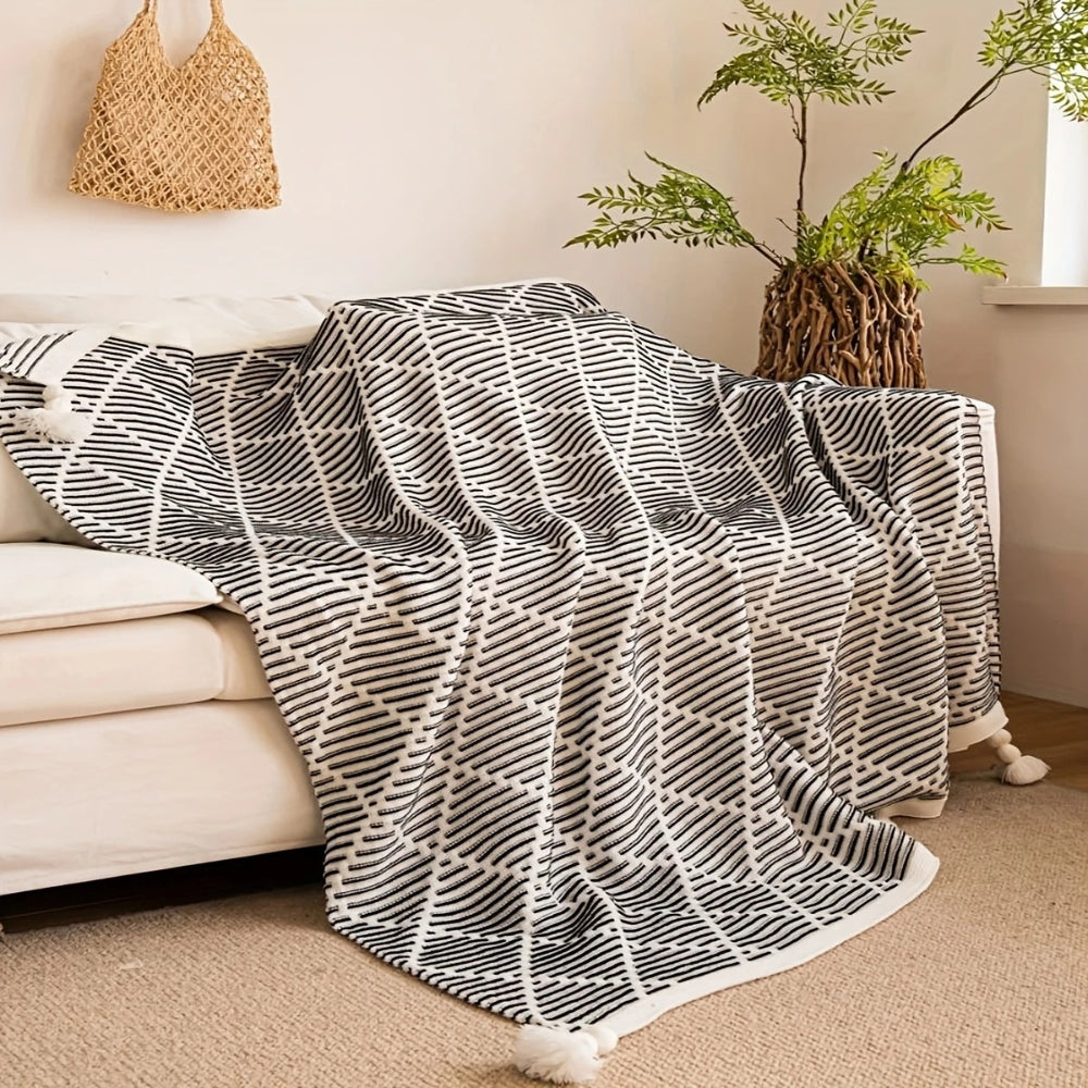Black and White Diamond Reversible Tassel Throw Blanket | Nordic Diamond Pattern with Tassels | Throw Blankets