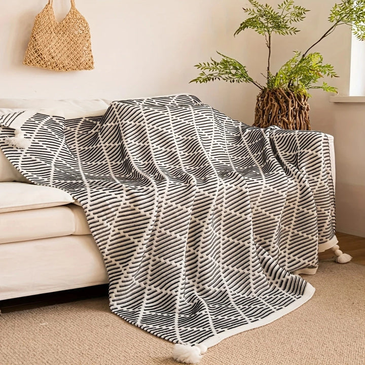 Black and White Diamond Reversible Tassel Throw Blanket | Nordic Diamond Pattern with Tassels | Throw Blankets
