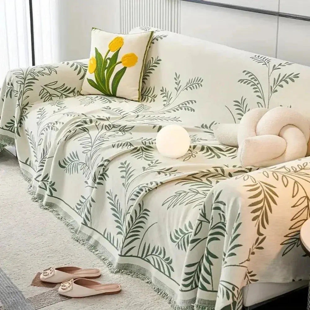 Four-Season Chenille Jacquard Leaf Couch Cover and Floor Throw | Leaf Jacquard Cover for Any Season | Throw Blankets