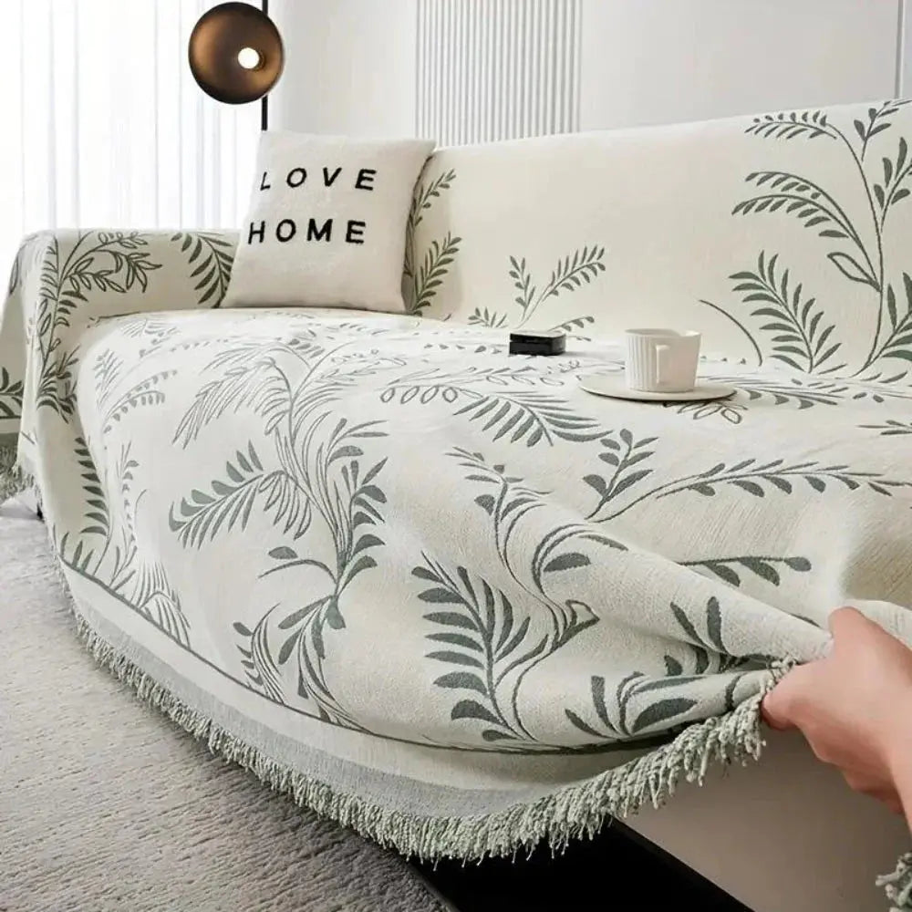 Four-Season Chenille Jacquard Leaf Couch Cover and Floor Throw | Leaf Jacquard Cover for Any Season | Throw Blankets